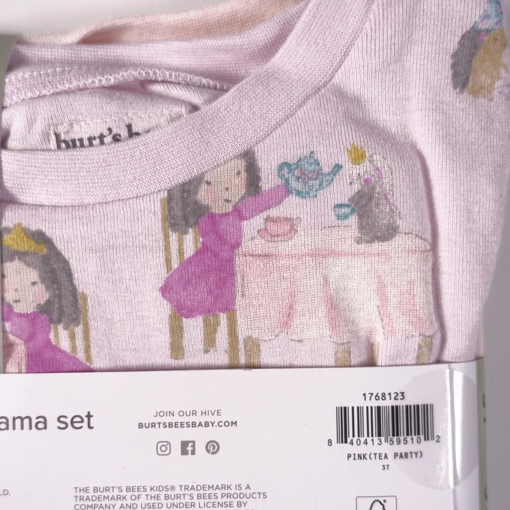 Burts Bees Kids 3T 4-Piece Pajama Set 100% Organic Cotton Pink Tea Party Unicorn